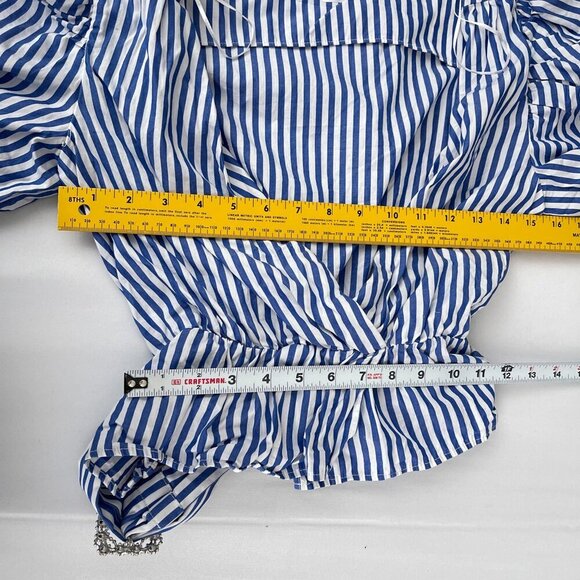 Zara Puff Sleeve Striped Wrap Blouse Rhinestone Belted Waist Blue White Women S - Picture 9 of 12